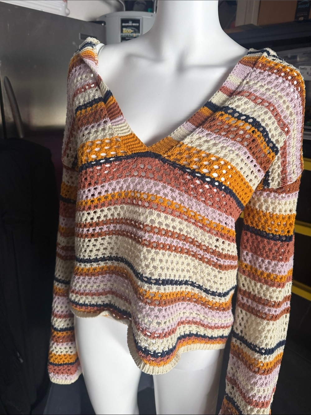 Striped Open-Knit V-Neck Sweater in Cream, Mustard & Dusty Pink